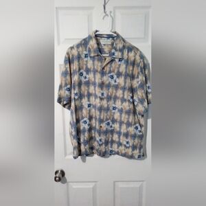 Blue and Tan Patterned Button-Up Shirt